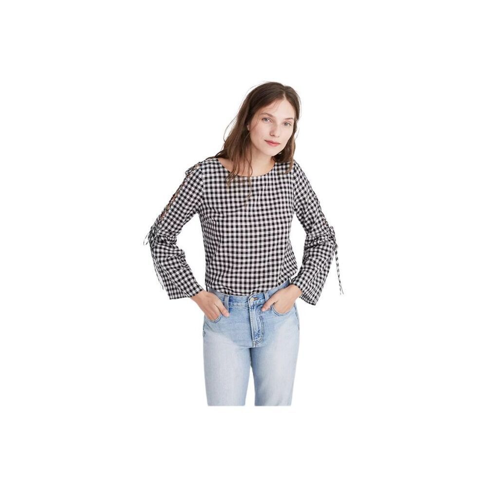 MADEWELL Lace-Up Bell-Sleeve Gingham Top in Black White Size Small